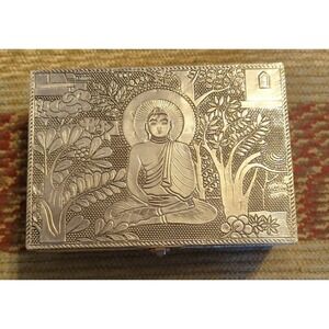 Vintage Buddha Embossed Aluminium Jewelry Trinket Storage Box Very Pretty